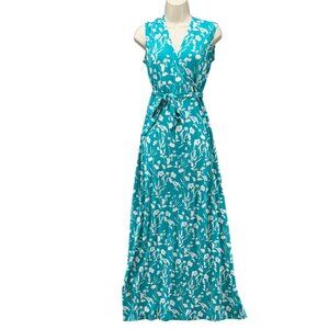 Leota Faux Wrap Maxi Dress Teal White Floral Belted Sleeveless Stretch Size S